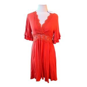 NWT Shein Vcay  boho Orange Crochet Lace V-Neck Ruffle Sleeve Boho Mini Dress s